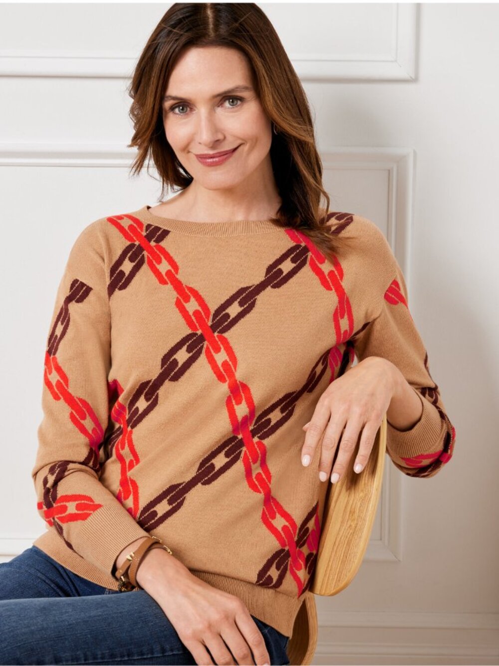 TALBOTS  Boatneck Pullover in Jacquard Chains Tan Brown Size S